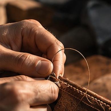 Hands stitching leather with a needle