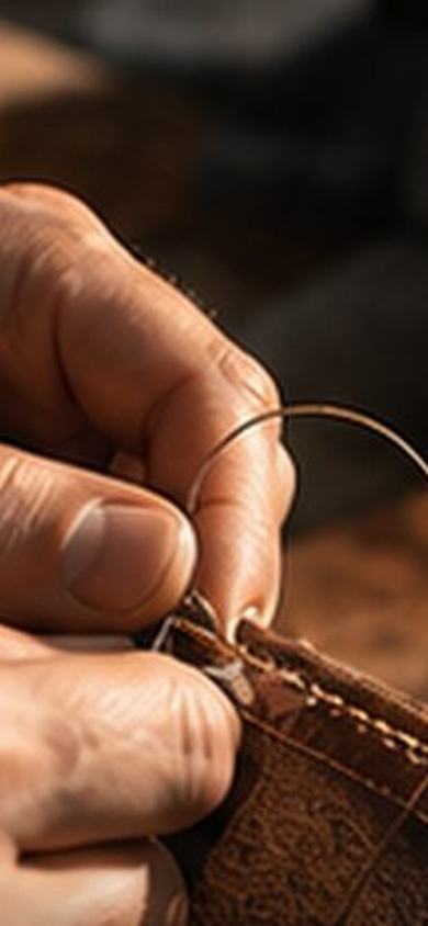 Hands stitching leather with a needle