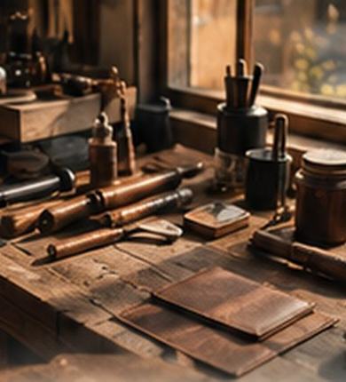 The workbench, with tools and a wallet in progress